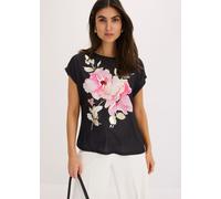 T-Shirt BONPRIX, Damen, Gr. 48/50 (XL), schwarz (schwarz, pink floral), Obermaterial: 95% Viskose, 5% Elasthan. Obermaterial 2: 100% Polyester, loose fit, Shirts T-Shirt, lockere Passform, mit Satin-E