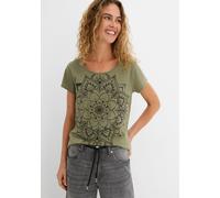 T-Shirt BONPRIX, Damen, Gr. 52/54 (XXL), grün (oliv graphisch bedruckt), Jersey, Obermaterial: 100% Baumwolle, bedruckt, unifarben, gerade Po-bedeckend, Rundhals, Shirts T-Shirt, gerade Passform, Kurz