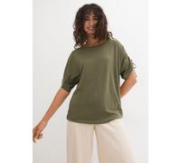T-Shirt BONPRIX, Damen, Gr. 52/54 (XXL), grün (oliv), Obermaterial: 95% Viskose, 5% Elasthan, lässig geschnitten, Shirts T-Shirt, lässig geschnitten, Halbarm-Design, mit Raffung am Ärmel (63335738-52)
