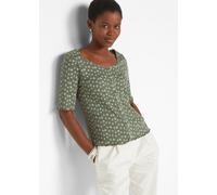 T-Shirt BONPRIX "Ripp-Shirt mit Blumendruck, Halbarm", Damen, Gr. 44/46 (L), grün (oliv geblümt), Web, Obermaterial: 100% Baumwolle, bedruckt, bequem normal, U-Boot-Ausschnitt, gesmokt, Shirts T-Shirt