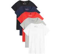 T-Shirt BONPRIX "Rundhals-Shirt, Kurzarm (5er Pack)", Damen, Gr. 40/42 (M), erdbeere, weiß, hellgrau meliert, dunkelblau, schwarz, Jersey, Obermaterial: 90% Baumwolle, 10% Viskose, unifarben, Basic, B