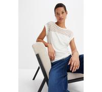 T-Shirt BONPRIX "Shirt aus Viskose-Mix", Damen, Gr. 32/34 (XS), weiß (wollweiß), Obermaterial: 95% Viskose, 5% Elasthan. Spitze: 80% Baumwolle, 20% Polyamid, gerade, Shirts T-Shirt, gerade Passform, K