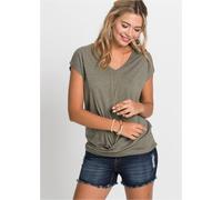 T-Shirt BONPRIX "Shirt aus Viskose-Mix", Damen, Gr. 36/38 (S), grün (schlammgrün meliert), Jersey, Obermaterial: 50% Polyester, 50% Viskose, bequem hüftlang, V-Ausschnitt, Shirts T-Shirt, bequeme Pass