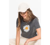 T-Shirt BONPRIX "T-Shirt aus reiner Baumwolle", Damen, Gr. 40/42 (M), grau (grau bedruckt), Obermaterial: 100% Baumwolle, slim fit, Shirts T-Shirt, Slim Fit Passform, Kurzarm-Design, mit Gänseblümchen