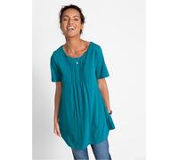 T-Shirt BONPRIX "T-Shirt in A-Linien-Form, kurzarm", Damen, Gr. 48/50 (XL), meerestürkis, Jersey, Obermaterial: 50% Baumwolle, 50% Viskose, unifarben, A-Linie ca. Mitte Oberschenkel, Rundhals, Shirts