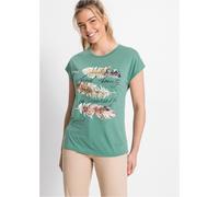 T-Shirt BONPRIX "T-Shirt mit Glitzerdruck", Damen, Gr. 36/38 (S), grün (salbeigrün bedruckt), Obermaterial: 65% Polyester, 35% Viskose, schmal, Shirts T-Shirt, schmale Passform, Kurzarm, mit Glitzerdr
