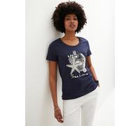 T-Shirt BONPRIX "T-Shirt Sea Love", Damen, Gr. 44/46 (L), blau (dunkelblau, cremeweiß bedruckt), Obermaterial: 100% Baumwolle, loose fit, Shirts T-Shirt, lockere Passform, Kurzarm-Design, mit maritime