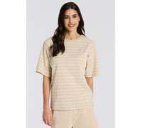 T-Shirt BOSS ORANGE "Eregular Stripe Premium Damenmode", Damen, Gr. M, beige (open miscellaneous 967), Single Jersey, Obermaterial: 100% Baumwolle, gestreift, relaxed fit normal, Rundhals, Ziersteppun