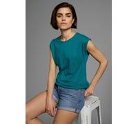 T-Shirt BOYSEN'S, Damen, Gr. 44, blau (petrol), Jersey, Obermaterial: 50% Baumwolle, 50% Polyester, clean, unifarben, Basic, figurumspielend, Rundhals, mit Aufschlag, Shirts T-Shirt, Kurzarm, unifarbe