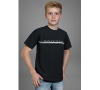 T-Shirt BRUNO BANANI "BRUNO Logoshirt", Jungen, Gr. 128/134, schwarz, Single Jersey, Obermaterial: 100% Baumwolle, bedruckt, Basic hüftlang, Rundhals, Shirts T-Shirt, Für TEENS. Cooles Logoshirt (9396