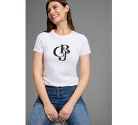 T-Shirt BRUNO BANANI, Damen, Gr. 44/46, weiß, Single Jersey, Obermaterial: 95% Baumwolle, 5% Elasthan, bedruckt, unifarben, Basic hüftbedeckend, Rundhals, Shirts T-Shirt, mit Logo-Print und Glitzerste