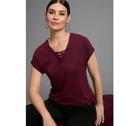 T-Shirt BRUNO BANANI, Damen, Gr. 48/50, rot (bordeaux), Jersey, Obermaterial: 95% Viskose, 5% Elasthan, unifarben, figurumspielend hüftbedeckend, tiefer V-Ausschnitt, Shirts T-Shirt, mit Schnürung im
