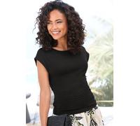 T-Shirt BUFFALO, Damen, Gr. 32/34, schwarz, Single Jersey, Obermaterial: 95% Viskose, 5% Elasthan, unifarben, figurumspielend hüftlang, U-Boot-Ausschnitt, angeschnitten, Shirts T-Shirt, mit seitlicher