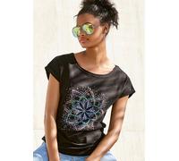 T-Shirt BUFFALO "mit modischem Frontdruck", Damen, Gr. 32/34, schwarz, Single Jersey, Obermaterial: 100% Baumwolle, unifarben mit Farbeinsätzen, bequem, Rundhals, mit Aufschlag, Shirts T-Shirt, aus we