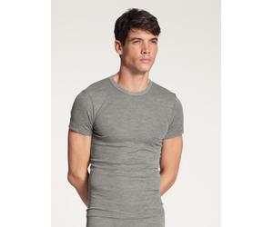 T-Shirt CALIDA "Wool & Silk", Herren, Gr. S (46/48), grau (platin melé), Feinripp, Obermaterial: 80% Schurwolle, 20% Seide, bequem hüftbedeckend, Rundhals, Shirts Unterhemd, einzigartige Melé-Optik, w