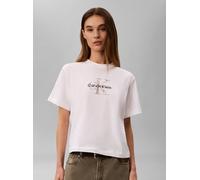 T-Shirt CALVIN KLEIN "BOXY HAND DRAWN MONOLOGO TEE", Damen, Gr. M, weiß (hellweiß), Web, Obermaterial: 100% Baumwolle, unifarben, regular fit taillenbedeckt, Rundhals, eingesetzt abgesteppte Kante, Sh