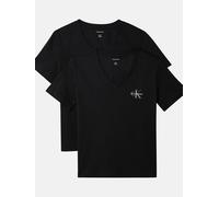 T-Shirt CALVIN KLEIN JEANS "A- Logo VN 2 pack Tee", Damen, Gr. XL (44), schwarz (schwarz, schwarz), Single Jersey, Obermaterial: 100% Baumwolle, regular fit normal, V-Ausschnitt, eingesetzt abgesteppt