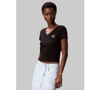 T-Shirt CALVIN KLEIN JEANS "A- SS WOVEN LABEL RIB VNECK TEE", Damen, Gr. M (40), schwarz, Rippware, Obermaterial: 95% Baumwolle, 5% Elasthan, unifarben, feminin, figurbetont taillenbedeckt, V-Ausschni