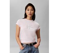 T-Shirt CALVIN KLEIN JEANS, Damen, Gr. XL, rosa (crystal blush), Jersey, Obermaterial: 100% Baumwolle, unifarben, regular fit normal, Rundhals, eingesetzt abgesteppte Kante, Shirts T-Shirt, Glitzer Lo