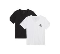 Calvin Klein Damen 2er Pack T-Shirts Kurzarm Logo Tee mit V-Ausschnitt, Mehrfarbig (Black/Brilliant White), XL
