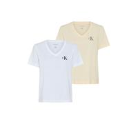 T-Shirt CALVIN KLEIN JEANS "MONOLOGO VNK 2PACK TEE", Damen, Gr. XS, vanilla custard w, weiß, Single Jersey, Obermaterial: 100% Baumwolle, klassisch normal, V-Ausschnitt, eingesetzt abgesteppte Kante,