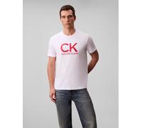 T-Shirt CALVIN KLEIN JEANS "SS 30S EU CK CALVIN GRAPHIC TEE", Herren, Gr. M, weiß (brilliant weiß), Web, Obermaterial: 100% Baumwolle, unifarben, regular fit normal, Rundhals, eingesetzt abgesteppte K