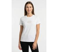 T-Shirt CALVIN KLEIN JEANS "SS CLASSIC FOIL MONOLOGO TEE", Damen, Gr. L, weiß, Web, Obermaterial: 100% Baumwolle, regular fit normal, Rundhals, eingesetzt abgesteppte Kante, Shirts T-Shirt, Mit Metall