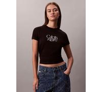 T-Shirt CALVIN KLEIN JEANS "SS FITTED SCRIPT CALVIN KLEIN TE", Damen, Gr. XS (36), schwarz, Web, Obermaterial: 100% Baumwolle, unifarben, regular fit normal, Rundhals, eingesetzt abgesteppte Kante, Sh