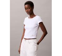 T-Shirt CALVIN KLEIN JEANS "WOVEN LABEL BABY RIB", Damen, Gr. S (38), hellweiß, Web, Obermaterial: 95% Baumwolle, 5% Elasthan, unifarben, slim fit kurz, Rundhals, eingesetzt abgesteppte Kante, Shirts
