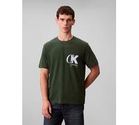 T-Shirt CALVIN KLEIN "SS 20S EU CK OVERLAP GRAPHIC TEE", Herren, Gr. M, grün (sycamore), Web, Obermaterial: 100% Baumwolle, unifarben, regular fit normal, Rundhals, eingesetzt abgesteppte Kante, Shirt