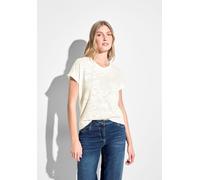 T-Shirt CECIL, Damen, Gr. L (42), weiß (vanilleweiß), Stoff, 63% Polyester, 34% Viskose, 3% Elasthan, gemustert, gerade hüftlang, V-Ausschnitt, Bündchen, Shirts T-Shirt, mit dekorativem Lochmuster (89