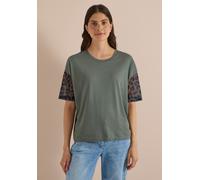 T-Shirt CECIL, Damen, Gr. M (40), grün (dried olive grün), Web, Obermaterial: 50% Baumwolle, 50% Modal. Obermaterial 2: 93% Polyester, 7% Elasthan, gemustert, comfort fit normal, Rundhals, abgesteppt,