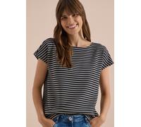 T-Shirt CECIL, Damen, Gr. XL (44), urban dunkelblau, Stoff, 71% Polyester, 25% Viskose, 4% Elasthan, gestreift, normal normal, U-Boot-Ausschnitt, abgesteppt, Shirts T-Shirt, im Streifen-Design (888893