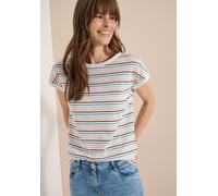 Kurzarmshirt CECIL, Damen, Gr. XXL (46), vanilleweiß, Jersey, Obermaterial: 50% Baumwolle, 50% Modal, gestreift, normal hüftbedeckend, Rundhals, Aufschlag, Shirts, Sommershirt mit Turn-Up-Detail/Strei