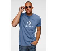 T-Shirt CONVERSE "UNISEX CONVERSE GO-TO STAR CHEVRON LOGO STANDARD FIT T-SHIRT", Damen, Gr. XS, blau (lakeside blau), Single Jersey, Obermaterial: 100% Baumwolle, Rundhals, eingesetzt normaler Saum, S