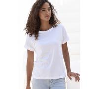 T-Shirt COPENHAGEN STUDIOS "mit dezentem Logoprint hinten", Damen, Gr. M (38), weiß (hellweiß), Single Jersey, Obermaterial: 100% Baumwolle, unifarben, casual, bequem, Rundhals, Kurzarm mit Aufschlag 