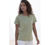 T-Shirt COPENHAGEN STUDIOS "mit dezentem Logoprint vorn", Damen, Gr. S (36), grün (light olive), Single Jersey, Obermaterial: 100% Baumwolle, unifarben, casual, bequem, Rundhals, Kurzarm, Shirts, aus