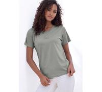 T-Shirt COPENHAGEN STUDIOS "mit dezentem Logoprint vorn", Damen, Gr. XS (34), blau (dusty blau), Single Jersey, Obermaterial: 100% Baumwolle, unifarben, casual, bequem, Rundhals, Kurzarm, Shirts, aus