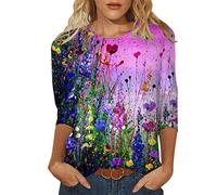 T Shirt Damen 3/4 Arm, Oberteile Damen Sommer,Bluse Damen Elegant mit Blumen Drucken Rundhals Tshirt Tunika Lässig Locker Pullover Tee Mode Tops T-Shirts für Frauen Teenager Mädchen Herbst Frühling