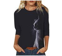 T Shirt Damen 3/4 Arm - Oberteile Damen Sommer mit Katze Motiv, Bluse Elegant Vintage T-Shirt Rundhals Große Größen Locker Tunika Top Lässig Oberteil Blusen & Tuniken für Frauen Teenager Mädchen