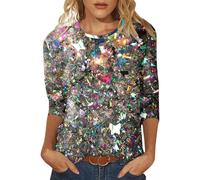 T Shirt Damen 3/4 Arm, Pailletten Oberteil Damen Sommer,Shirt Damen Elegant Rundhals Tops Glitzer Oberteile Party Top Dreiviertelärmel Tshirt Locker Lässig Hübsche Tunika Passform Pullover