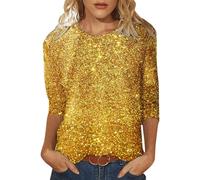 T Shirt Damen 3/4 Arm, Pailletten Oberteil Damen Sommer,Shirt Damen Elegant Rundhals Tops Glitzer Oberteile Party Top Dreiviertelärmel Tshirt Locker Lässig Hübsche Tunika Passform Pullover