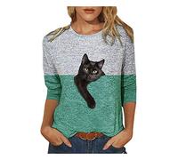 T Shirt Damen 3/4 Arm Pullover mit Lustige 3D Katze Motiv Elegant Große Größen T Shirt Langarm Sweatshirt Lockere Lässiges Langarmshirts für Frauen Oberteile Tunika Top Bluse Sportshirt Tee