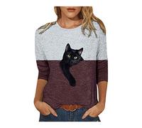 T Shirt Damen 3/4 Arm Pullover mit Lustige 3D Katze Motiv Elegant Große Größen T Shirt Langarm Sweatshirt Lockere Lässiges Langarmshirts für Frauen Oberteile Tunika Top Bluse Sportshirt Tee