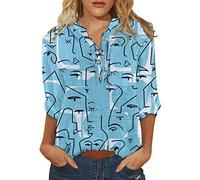 T Shirt Damen 3/4 arm - Sommer Bluse Oberteile mit Knöpfen Aufdruck V Ausschnitt Kurzarm Hemd Elegant Vintage Blusenshirt Tunika Tops Stylisches Modern Casual Arbeits Blusen & Tuniken für Frauen