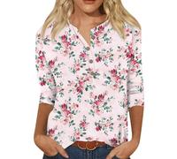 T Shirt Damen 3/4 arm - Sommer Bluse Oberteile mit Knöpfen Aufdruck V Ausschnitt Kurzarm Hemd Elegant Vintage Blusenshirt Tunika Tops Stylisches Modern Casual Arbeits Blusen & Tuniken für Frauen