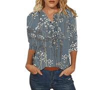 T Shirt Damen 3/4 arm - Sommer Bluse Oberteile mit Knöpfen Aufdruck V Ausschnitt Kurzarm Hemd Elegant Vintage Blusenshirt Tunika Tops Stylisches Modern Casual Arbeits Blusen & Tuniken für Frauen