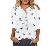 T Shirt Damen 3/4 arm - Sommer Bluse Oberteile mit Knöpfen Aufdruck V Ausschnitt Kurzarm Hemd Elegant Vintage Blusenshirt Tunika Tops Stylisches Modern Casual Arbeits Blusen & Tuniken für Frauen
