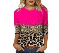 T Shirt Damen Bunte Leopard Patchwork Bluse 3/4 Arm Tshirt Sommer Tee Tops Lose Bequeme Oberteile O-Ausschnitt Pullover Party Basic Shirt Longbluse Longtops Tunika T-Shirt Geschenk für Frauen