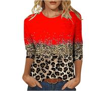T Shirt Damen Bunte Leopard Patchwork Bluse 3/4 Arm Tshirt Sommer Tee Tops Lose Bequeme Oberteile O-Ausschnitt Pullover Party Basic Shirt Longbluse Longtops Tunika T-Shirt Geschenk für Frauen